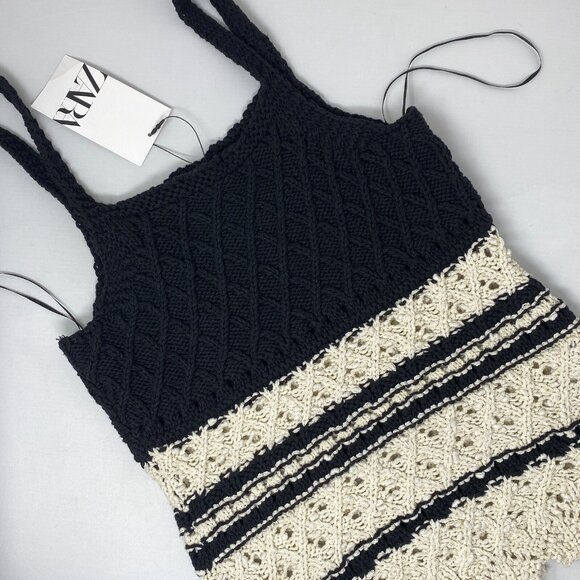 Zara Black Cream Crochet Top Medium NWT - Picture 3 of 6